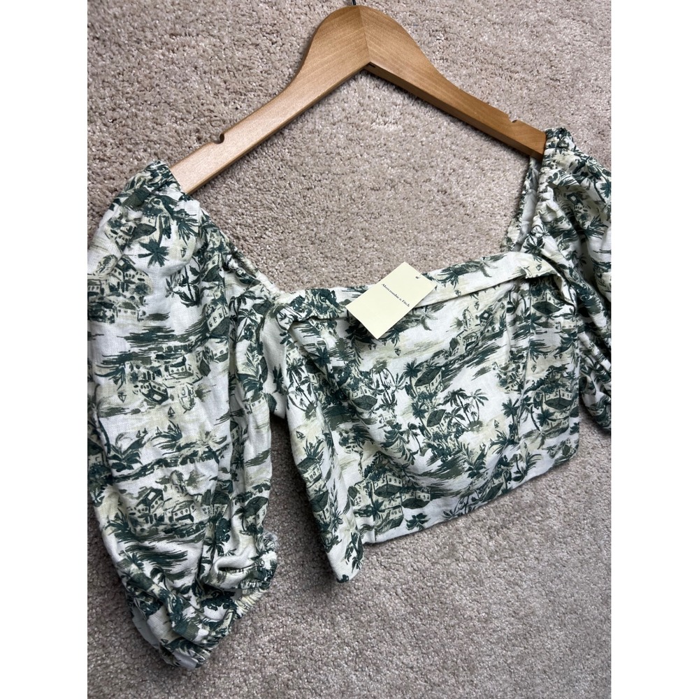 Abercrombie Fitch Smocked Square Neck Crop Top NWT Puff Sleeve Linen Tropical XS - Picture 7 of 10